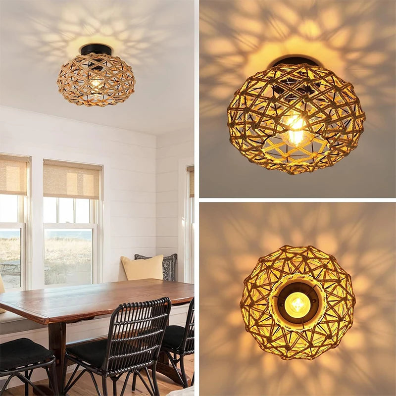 Hemp Rope Ceiling Light Vintage E27 Woven Rattan Wicker pendant Lamp