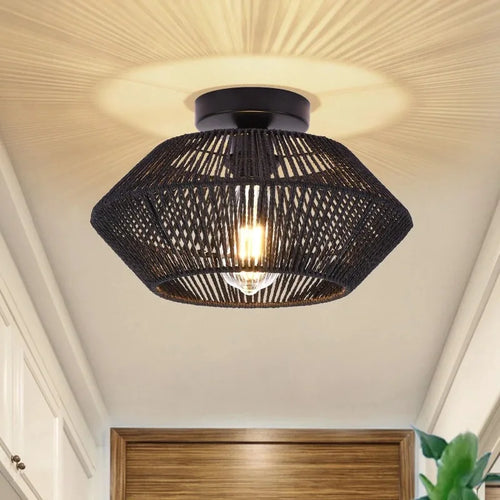 Semi-Flush Mount Ceiling Light, Hand-Woven Paper Rope Cage Shade,