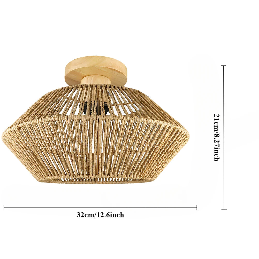 Semi-Flush Mount Ceiling Light, Hand-Woven Paper Rope Cage Shade,