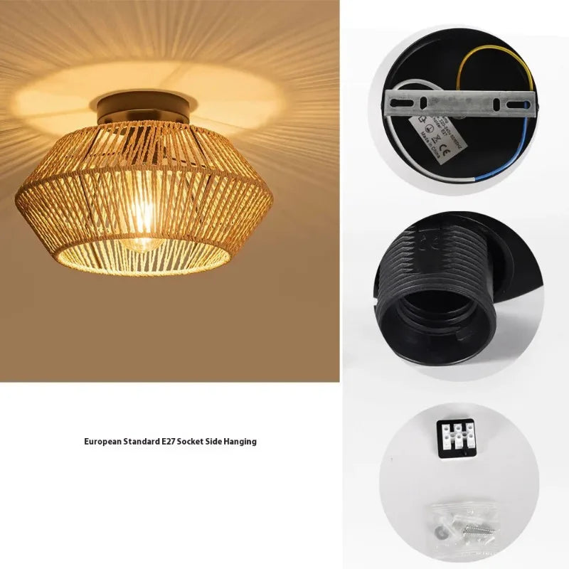 Semi-Flush Mount Ceiling Light, Hand-Woven Paper Rope Cage Shade,