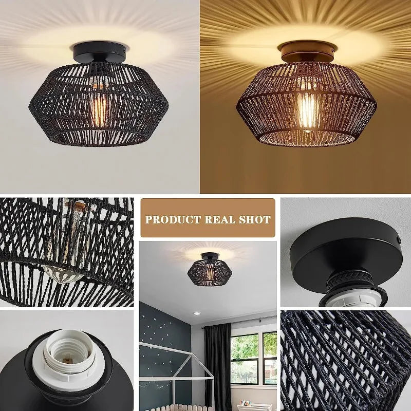 Semi-Flush Mount Ceiling Light, Hand-Woven Paper Rope Cage Shade,