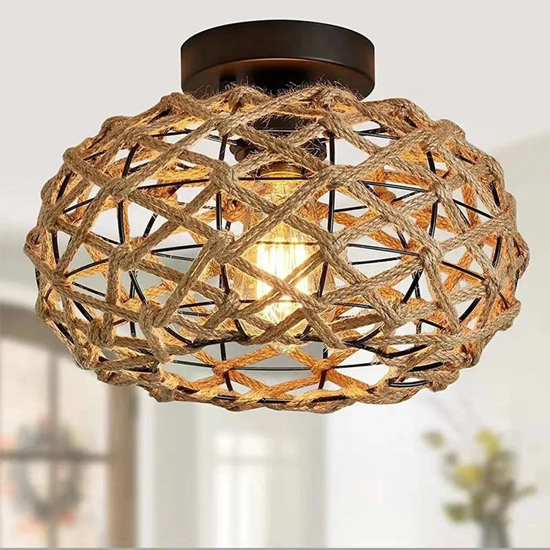Hemp Rope Ceiling Light Vintage E27 Woven Rattan Wicker pendant Lamp