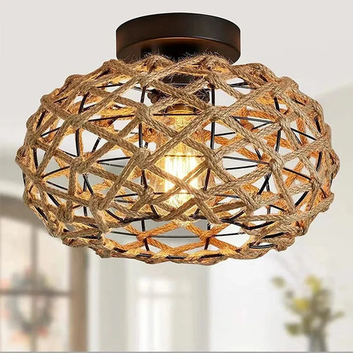 Hemp Rope Ceiling Light Vintage E27 Woven Rattan Wicker pendant Lamp