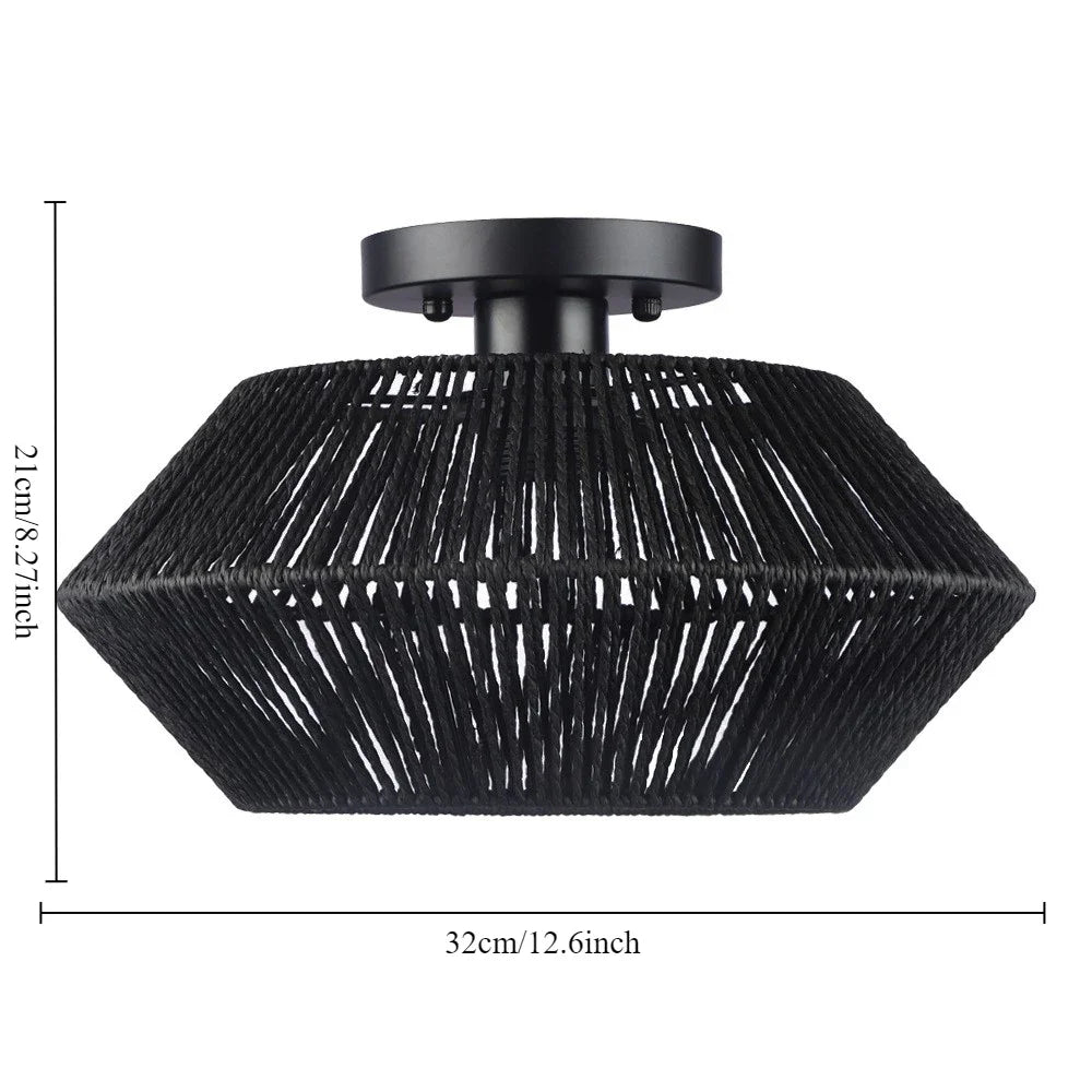 Semi-Flush Mount Ceiling Light, Hand-Woven Paper Rope Cage Shade,