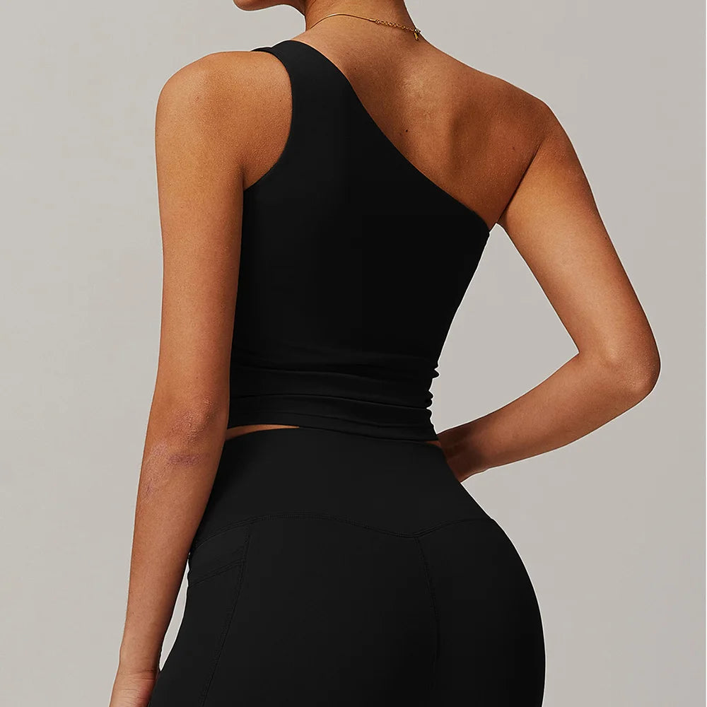 One shoulder vest Push-up Sports Bra Women Shock Proof Running Fitness Top Padded Workout Yoga Tanks Top Removable chest cushion