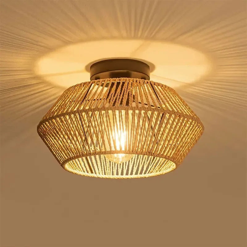 Semi-Flush Mount Ceiling Light, Hand-Woven Paper Rope Cage Shade,