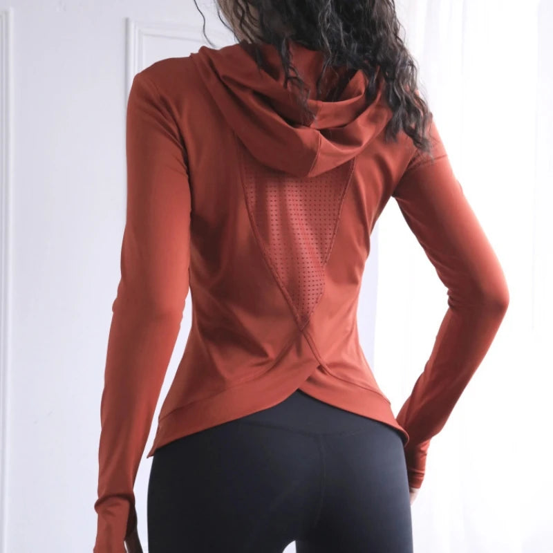 Women's Back Fork Mesh Breathable Yoga Shirt Long Sleeve Thumb Hole Hoodie Waist Tops Slim Slim Fitness Clothing