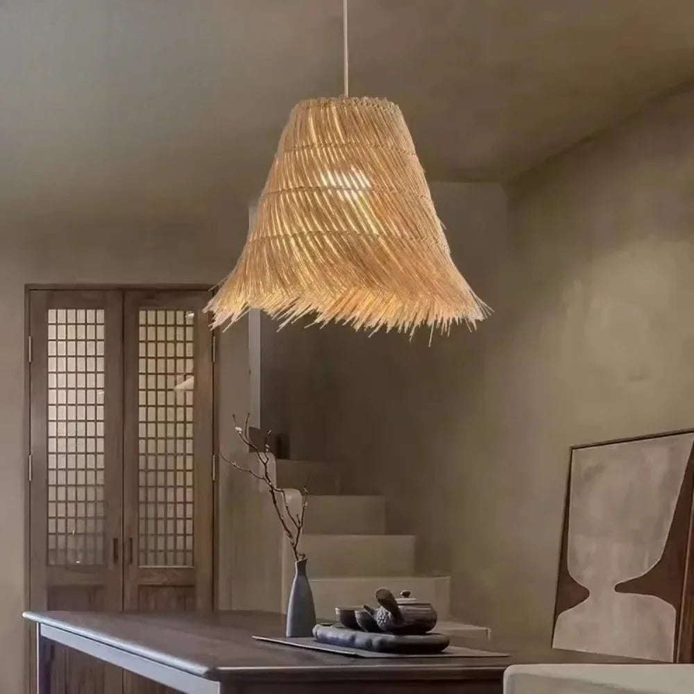 Rattan Chandeliers Hand Woven Straw Hat Lampshade