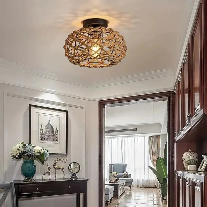 Hemp Rope Ceiling Light Vintage E27 Woven Rattan Wicker pendant Lamp