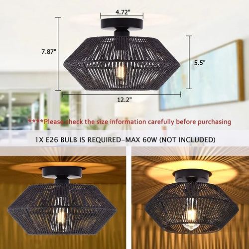 Semi-Flush Mount Ceiling Light, Hand-Woven Paper Rope Cage Shade,