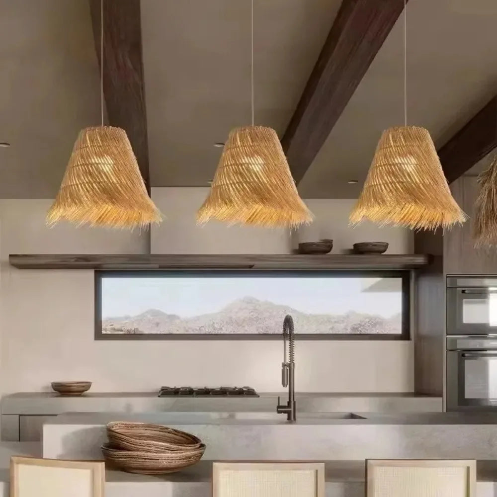 Rattan Chandeliers Hand Woven Straw Hat Lampshade