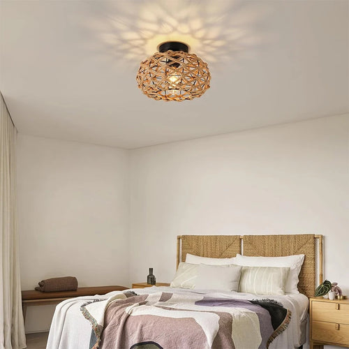 Hemp Rope Ceiling Light Vintage E27 Woven Rattan Wicker pendant Lamp