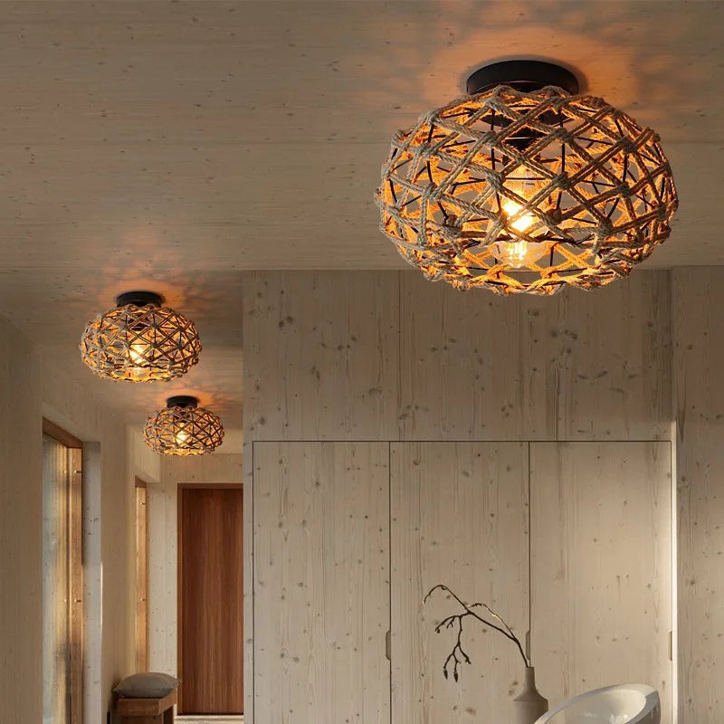 Hemp Rope Ceiling Light Vintage E27 Woven Rattan Wicker pendant Lamp